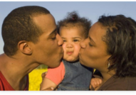 Image of parents kissing their child