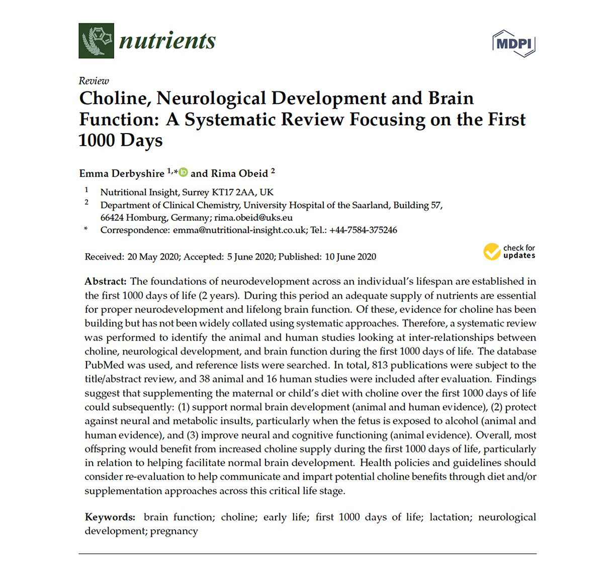 Choline, Neurological Development and Brain Function A Systematic